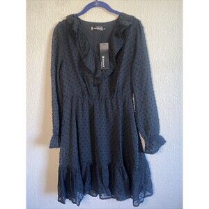 new Womens sheer ruffle Swiss Dot black dress fairy goth whimiscal M empire